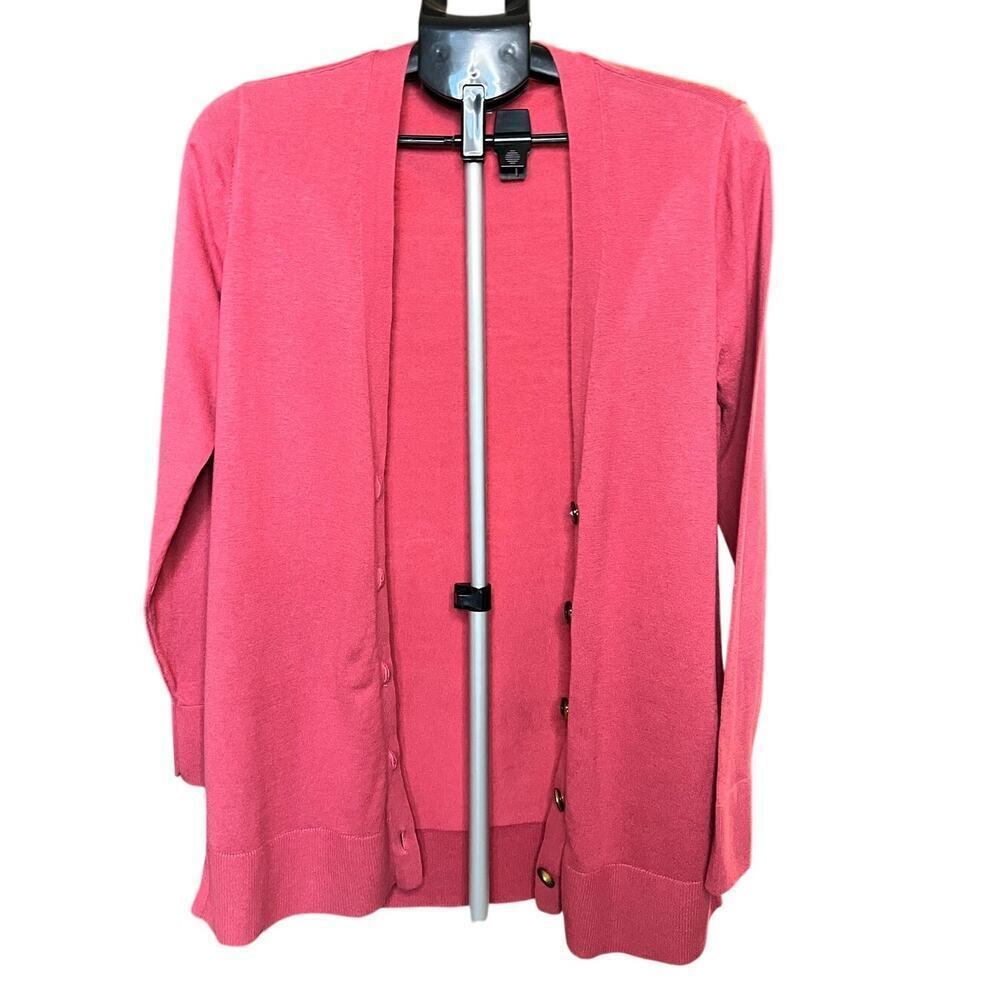 LOFT Long Cardigan, Medium, Dark Pink / Red, Button, Cotton Blend, Office, Work